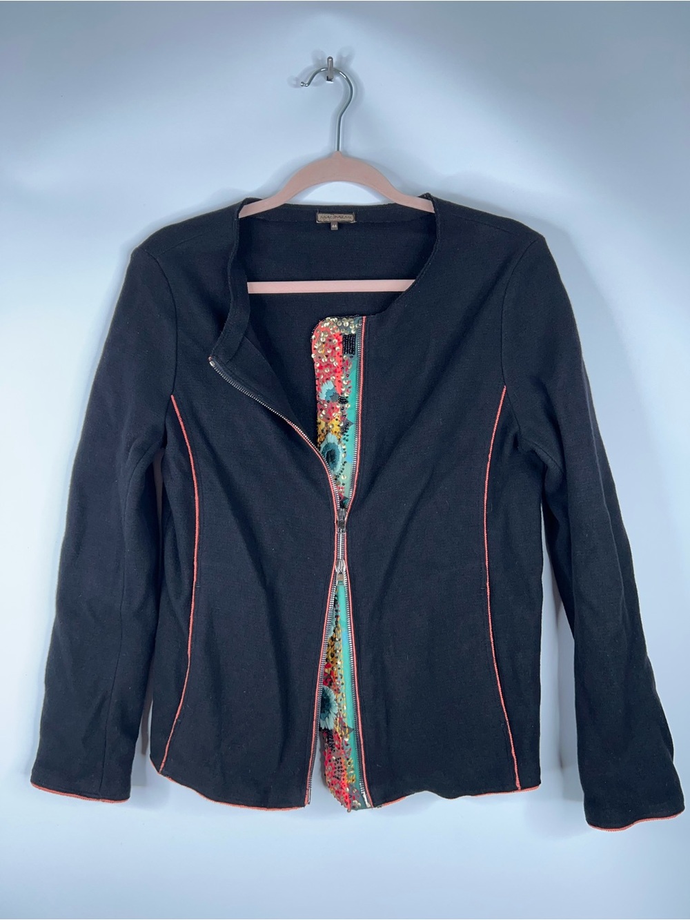 Maliparmi Black Zip-Front Jacket Wool Cashmere Blend Multicolor Beaded Trim